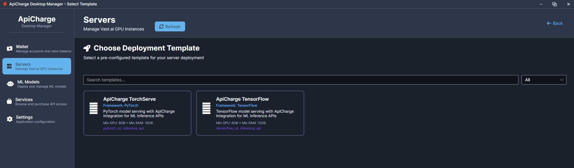 Deployment Template Selection Interface