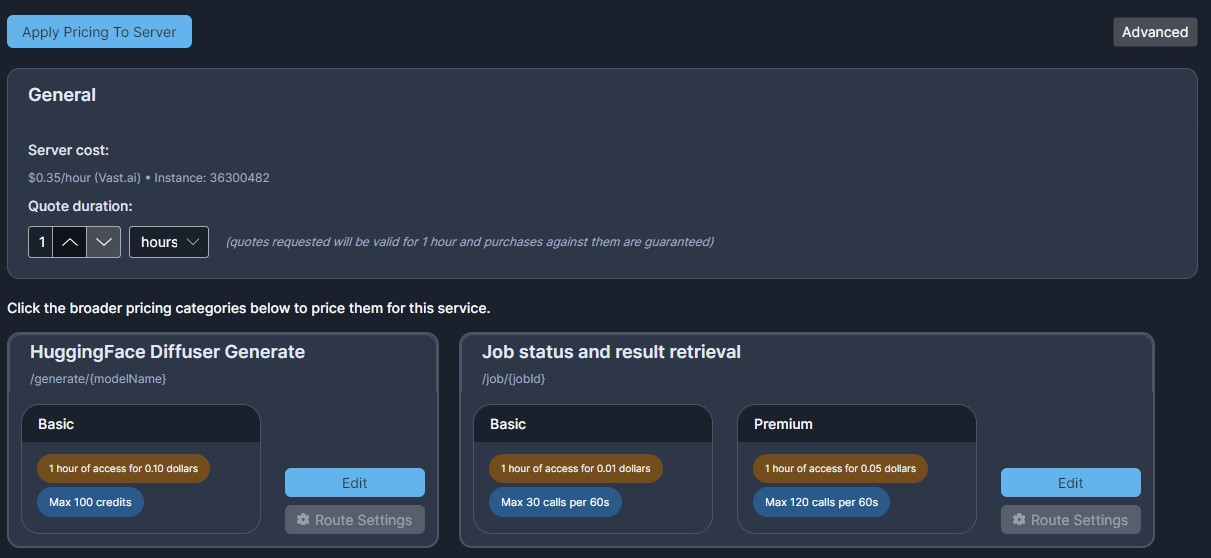 ApiCharge desktop app — pricing configuration showing per-service tiers, time-based and credit-based pricing, and live server cost from Vast.ai